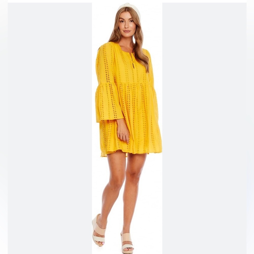 Mud‎ Pie Raylee Eyelet Dress Bell Sleeve Babydoll Mini Dress Yellow Size Small S